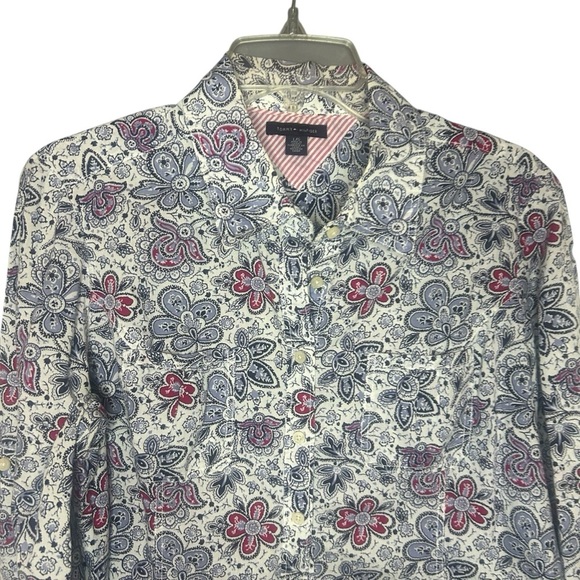 Tommy Hilfiger Blue and Red Casual Button Down Shirt Flowers Cotton Size large - Picture 2 of 11